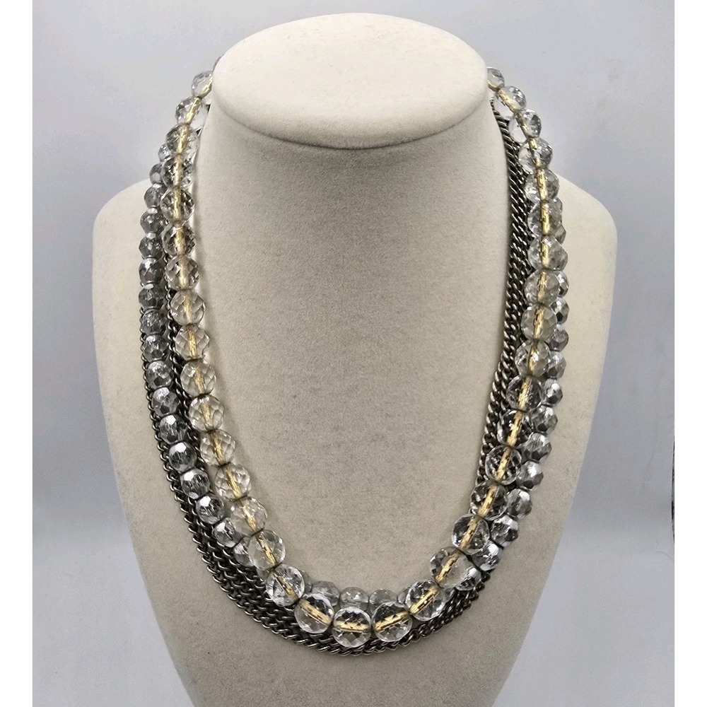 Multi Strand Necklace Clear Faceted Beads & Silvertone Chains Statement Layered